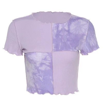 

2021 European American Summer Women's Tie-dye Stitching New Short-sleeved Tee Shirt Wooden Ears Round Neck Street Wear Gilrs