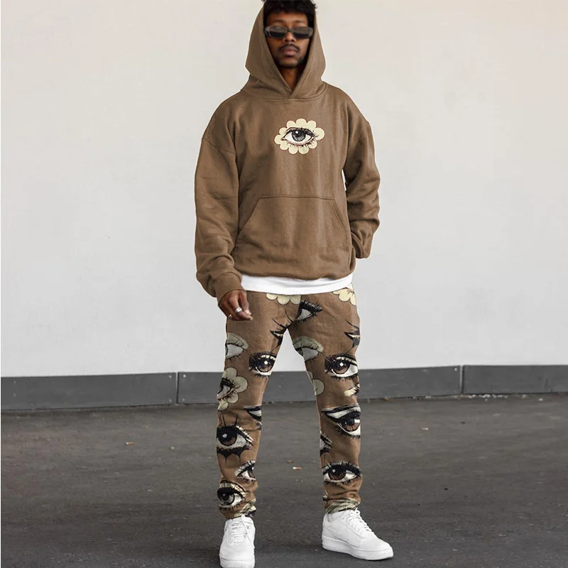 

Hot Selling Men's Long Sleeved Shirt Printed Loose Hooded Sports Casual Sweater Set Men's Autumn Two-piece Set