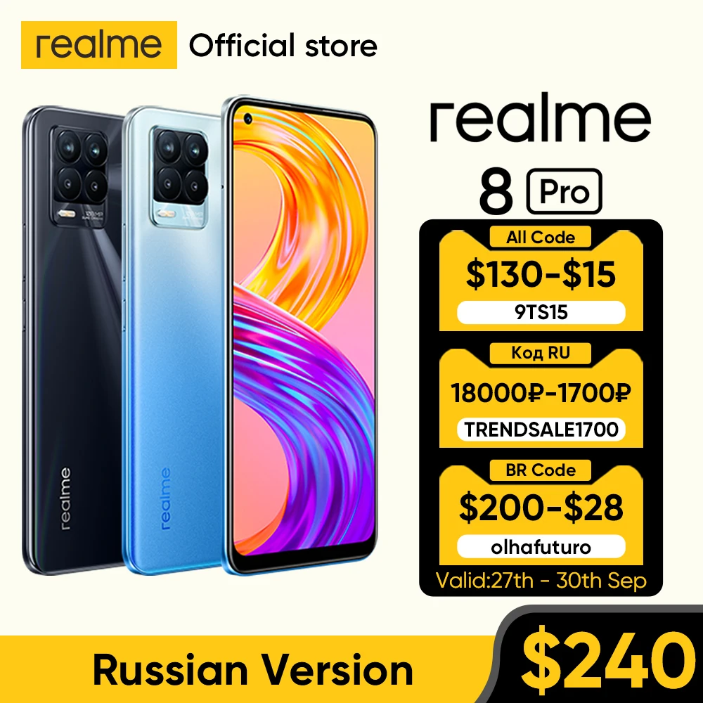  Смартфон realme 8 Pro с камерой 108 МП, русская версия, процессор Snapdragon 720G, 6,4 дюйма, AMOLED-дисплей, 50 Вт, зарядка Super Dart 