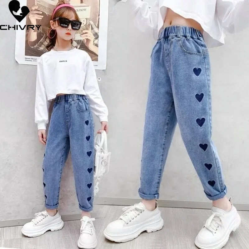 Girls Jeans Spring Autumn 2022 New Baby Girl Casual Cartoon Embroidery Denim Long Pants Kids Fashion Jeans Trousers