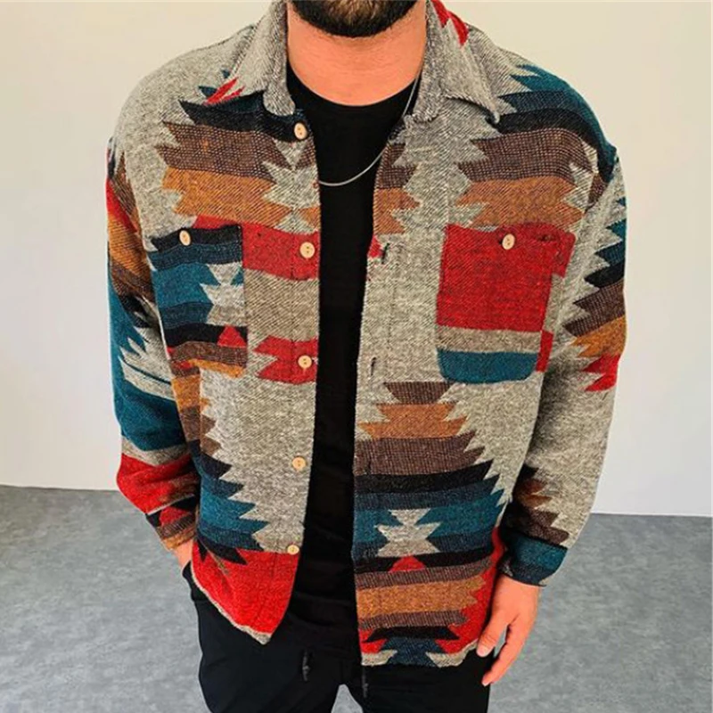 

Harajuku Pattern Printed Coats Casual Autumn Long Sleeve Outerwear Winter Mens Fashion Turn-down Collar Buttoned Jackets For Men