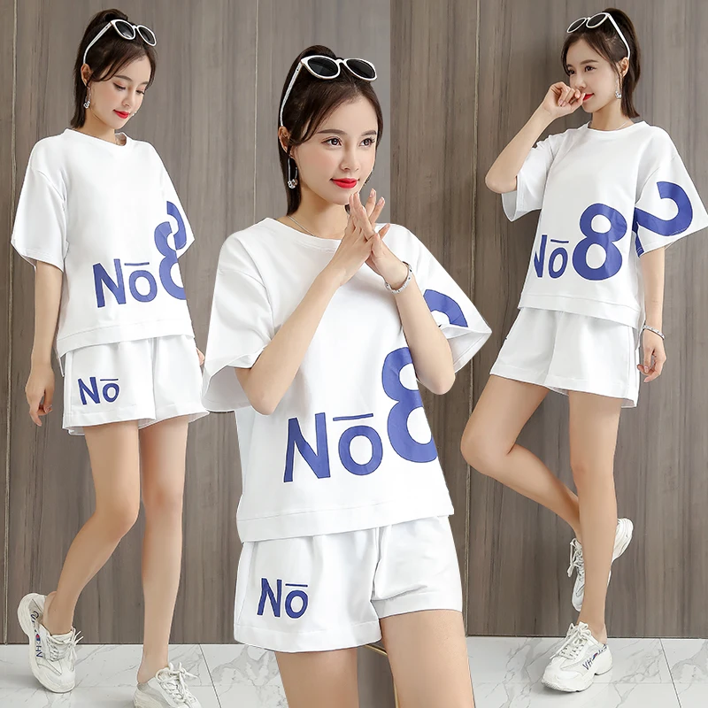 

Piece New Summer 2 2020 Set Women O-Neck Pockets Letter Print Plus Size Loose Fashion Clothing Casual Ports Suit Female Cotton