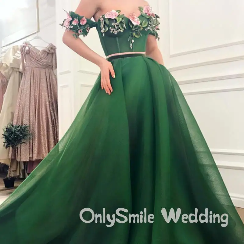 

Green Muslim Evening Dresses 2019 A-line Sweetheart Embroidery Flower Tulle Beaded Elegant Dubai Saudi Arabic Long Evening Gown