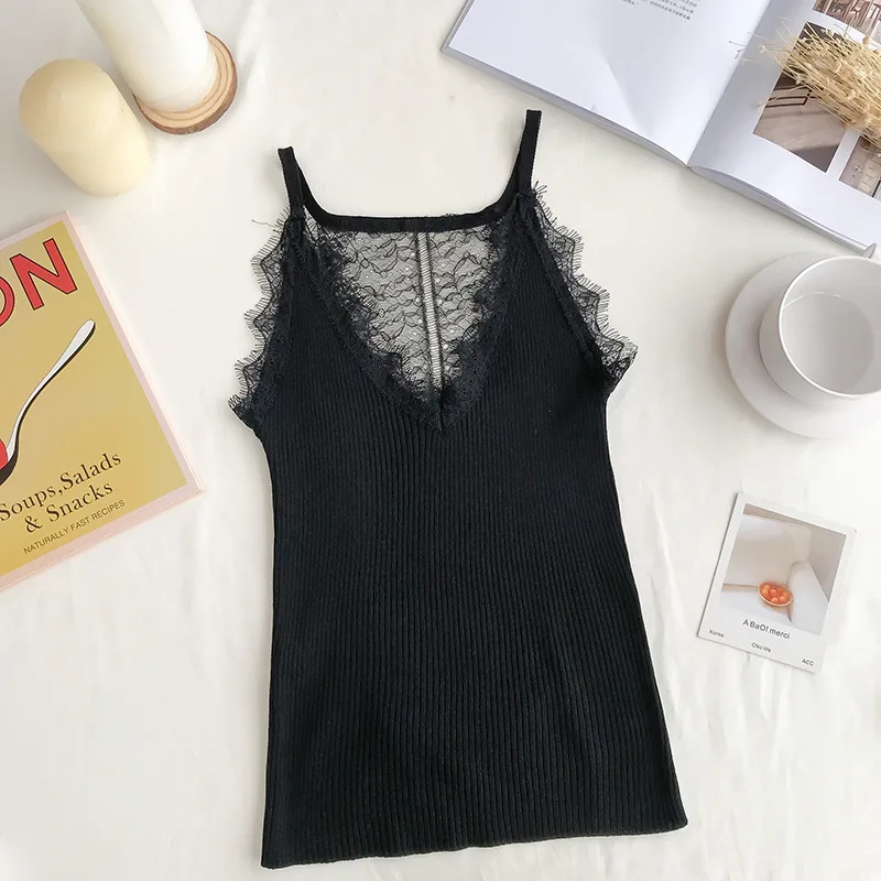 Женская майка из вязаного цветочного кружева однотонная с v-образным вырезом