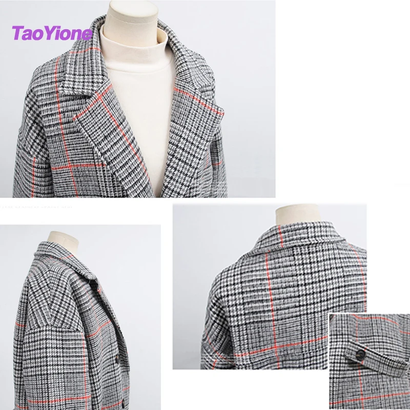 Женское длинное шерстяное пальто винтажная клетчатая куртка из смешанной шерсти