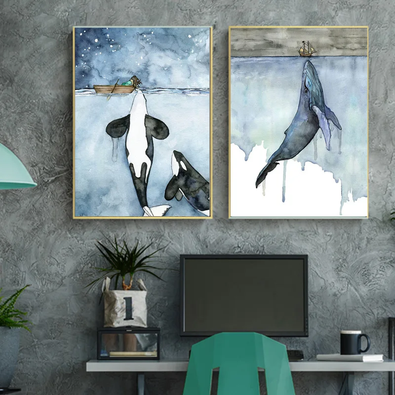 

Watercolor Whale Seascape Canvas Painting Poster and Prints Wall Art Pictures Cuadros Artwork for Living Room Home Decor