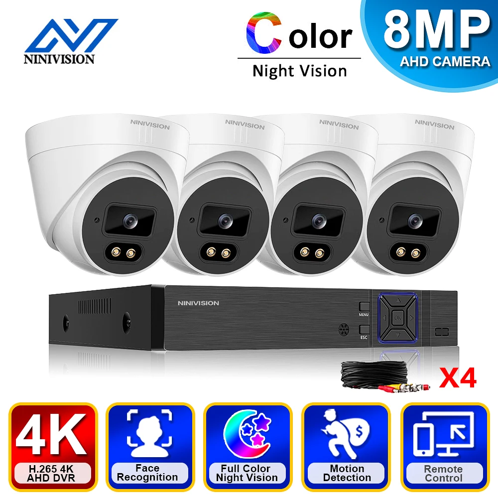 

4K Security Camera System Colorfull Night 8MP Video Surveillance Set 4CH AHD DVR Kit CCTV Recording Indoor Outdoor AHD Camera