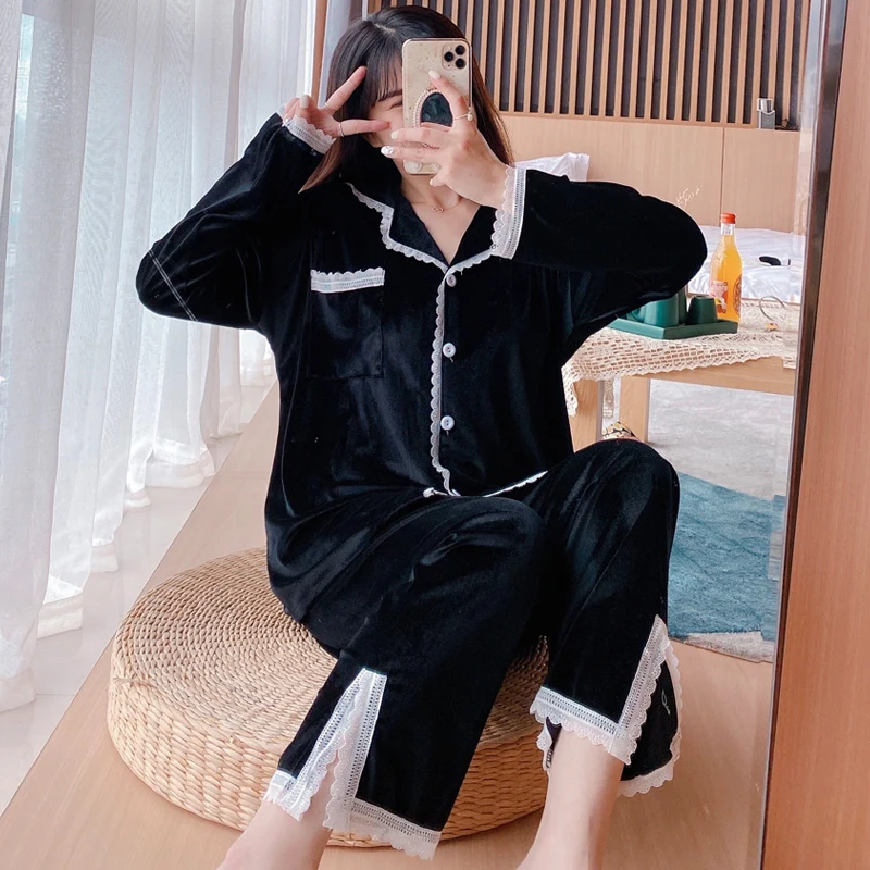 2021 New Velvet Pajamas Women's Spring And Autumn Long Sleeve Korean Princess Wind Can Wear Home Clothes Autumn And Winter Suits