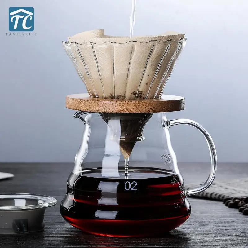 

300ML/500ML/700ML Wooden brackets Glass Coffee Dripper and Pot Set Coffee Filter Heat-Resistant Brewing Coffee Pot Reusable