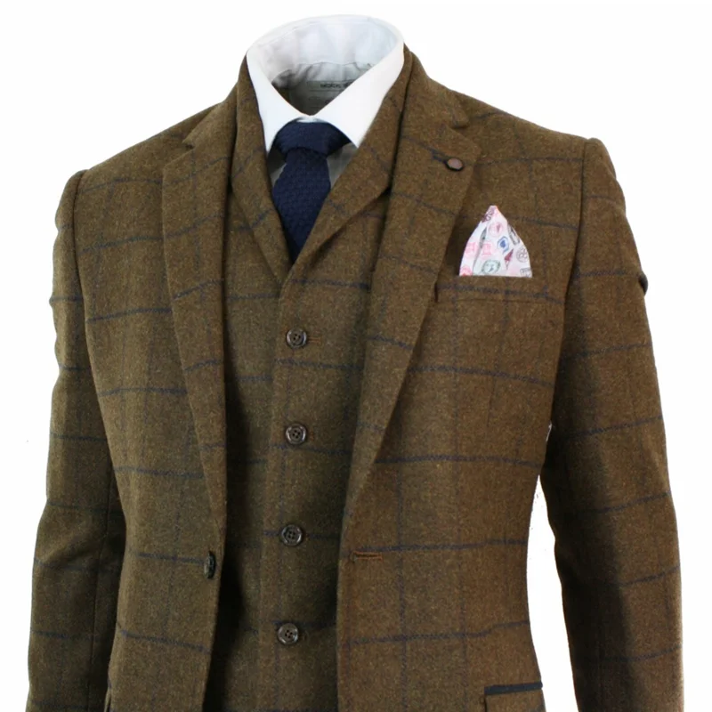 

2020 Tan Brown Mens Suits Herringbone Tweed Check 3 Piece Wool Men Suit Peaky Blinders Navy costume homme
