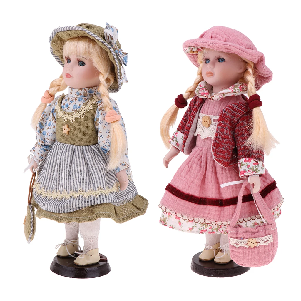 

2pcs 30cm Lovely Porcelain Girl Doll with Clothes & Stand Home Display Decor Gift