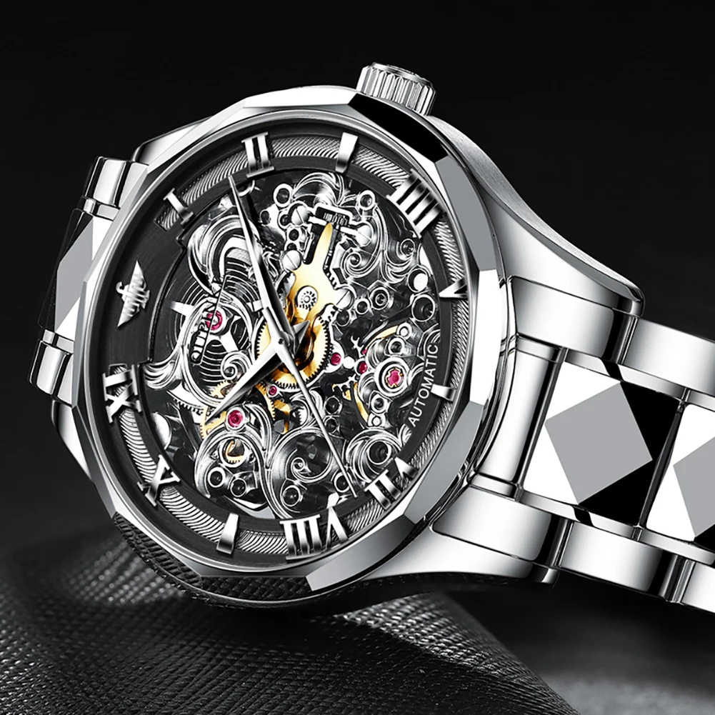 

Men's Automatic Mechanical Wristwatch luxury fashion casual style top brand tungsten steel watchband Hollow design male clock