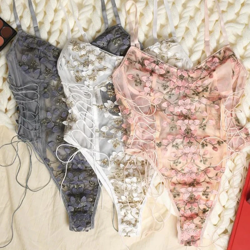 

Women Teddy lingerie Sexy Underwear Erotic Corset Lace Mesh Sleepwear Nightwear Embroidered strap one-piece sexy pajamas