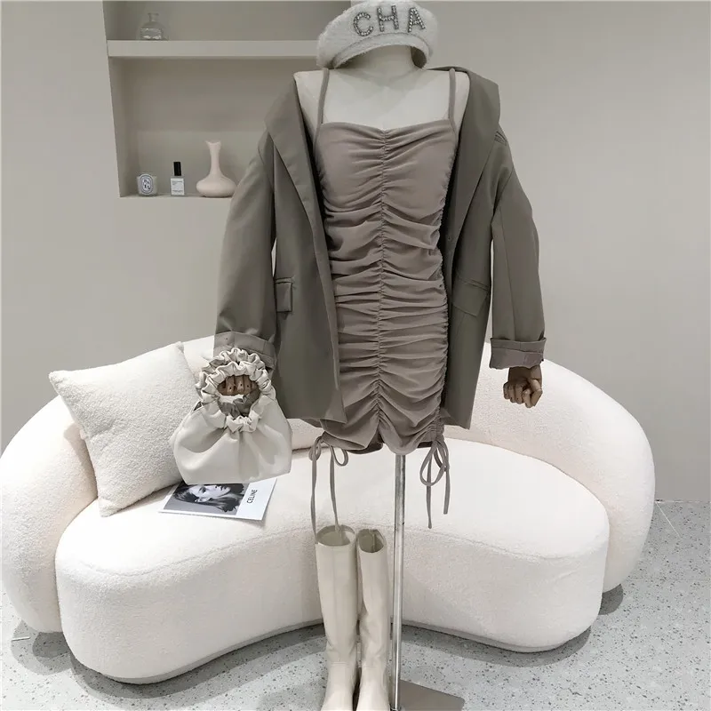 

Women's Spring Summer 2021 Fashion new ruffled strapless Dress Set + small Brit blazer Two piece set