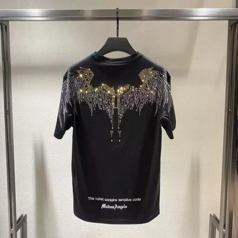 

Top T- shirt Men 's 2021College style splicing hot drill New Wings Rhinestone T-shirt Ice Silk Short Sleeve Trendy Tops