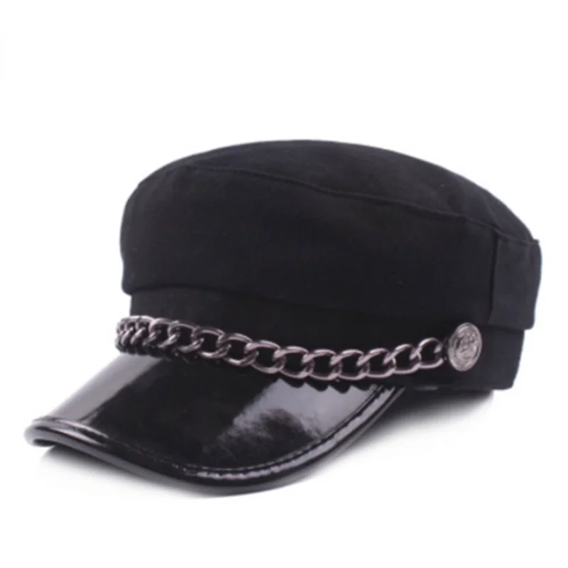 

PU Leather Military Hat Winter Sailor Hats For Women Girls Boys Baseball Cap Black Grey flat top Beret Newsboy Cap