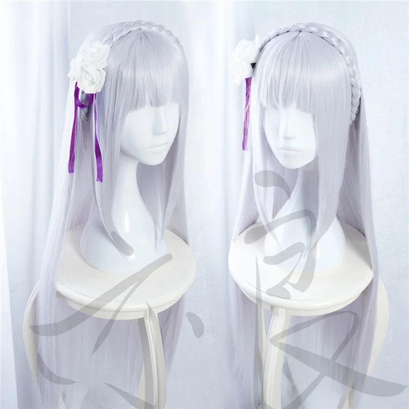 

100cm Long Silver Purple Re: Life in a Different World from Zero Emilia Heat Resistant Hair Cosplay Costume Wig + Free Wig Cap