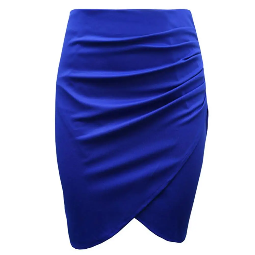

Women Solid Color Pleated Cross Hem Slim Bodycon Business Work Pencil Skirt