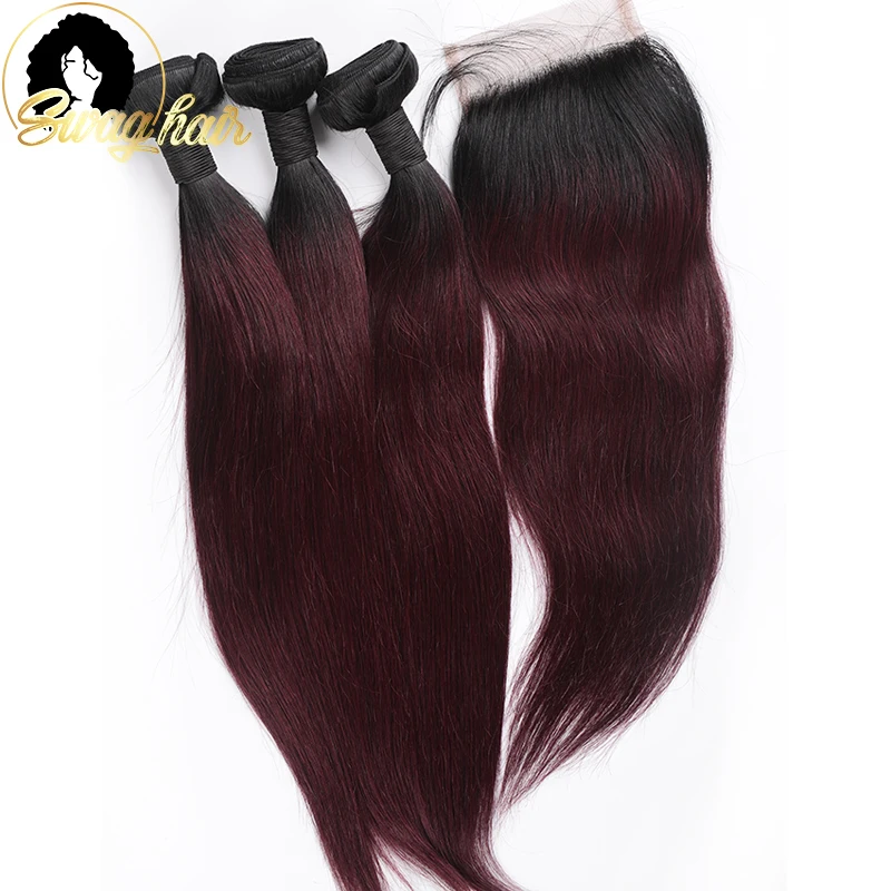 

Straight Ombre Color 1B/99J Remy Human Hair Bundles with Closure 4x4 Swiss Lace Closure 26 28 30 Inches Hair Extension 4Pcs/lot