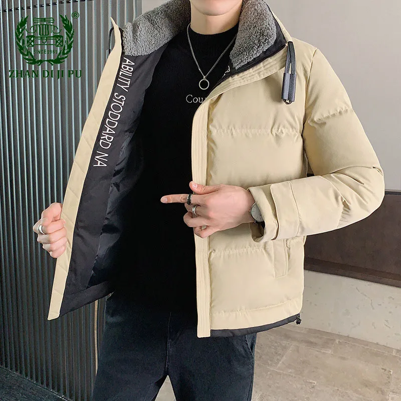 

Winter Korean Style Brand Parkas Men Fleece Thick Casual Windproof Warm Down Parkas Male Fashion Stand Collar Slim Mens Coats