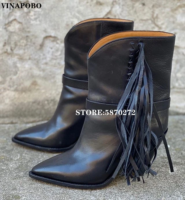 

Fringe western Women Boots Genuine leather tassel metal rivets studded Cowboy Botas runway spiked Wedges heel Mid-calf Boots