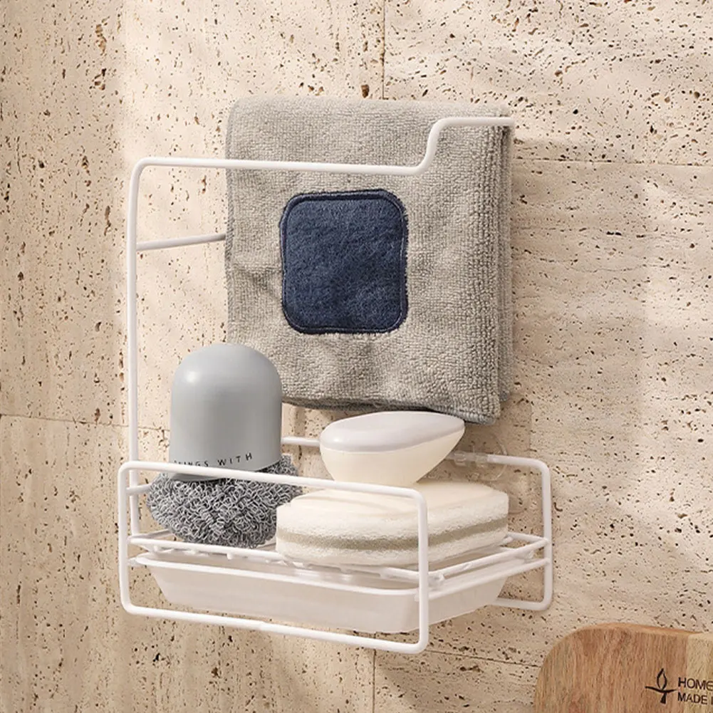 

Soap Sink Holder Sponge Rack Wall Mounted White Adhesive Kitchen Storage Detachable Dish Cloth Space Saving Home With Drain Pan