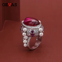 oevas top quality 100 solid 925 sterling silver 13x18mm ruby pearl gemstone rings wedding anniversary fine jewelry ring gift