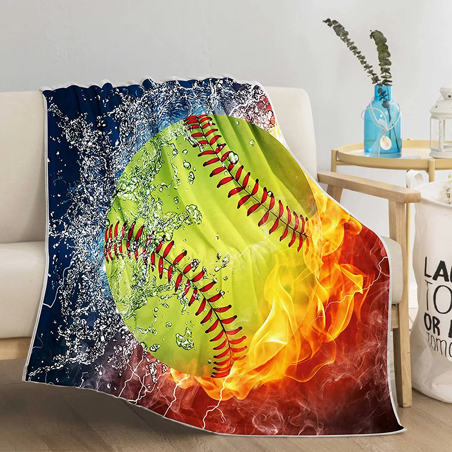 oftball Throw Blanket for Couch, Warm Cozy Soft Fuzzy Throw Blankets for Kids Teens Birthday or Christmas,Yellow Baseball