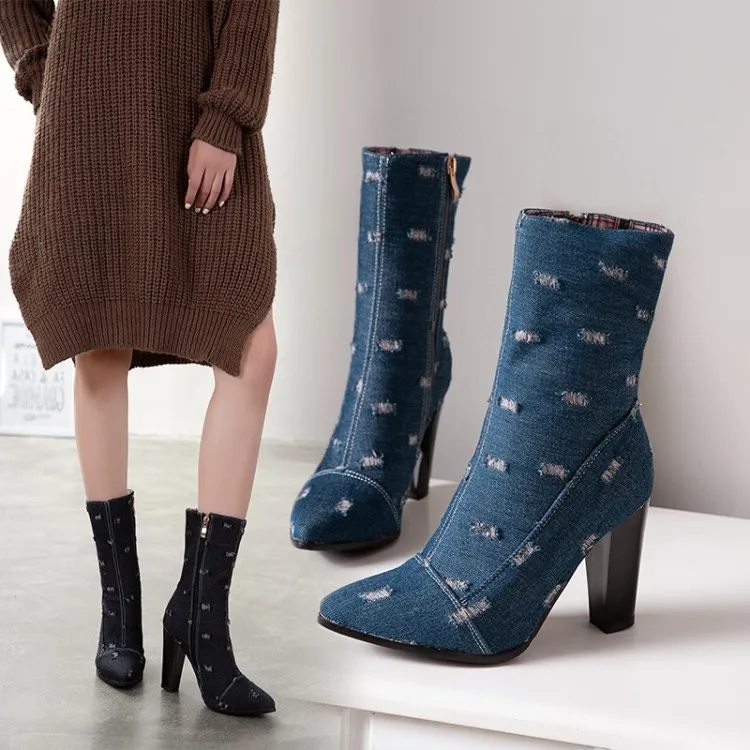 

OLOMLB US4-11 Womens Pointed Toe Denim Jeans Ripped Ankle Boots Block High Heel Side Zipper Shoes Punk Motorcycle Plus Size