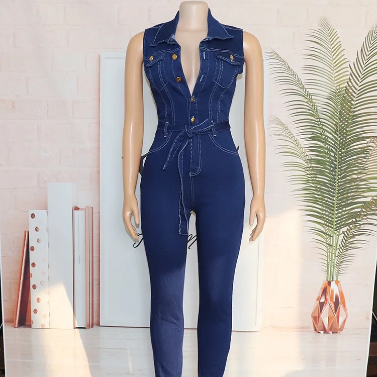 2020 Summer African Jeans Jumpsuits New African Sleeveless Single Breast Sheath High Waist Blue Fashion Work Office Jumpsuit Hot