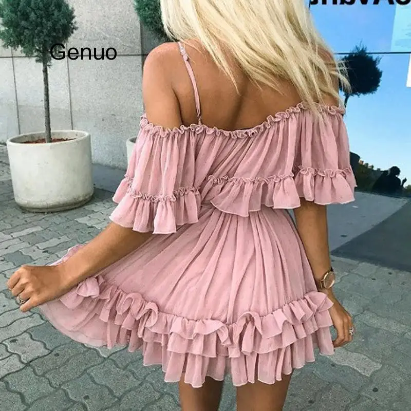 

Off Shoulder Strap Dress Elegant Ruffle Summer Pink Dress Women Casual Chiffon Pleated Blue Dress Loose Holiday Short Dress