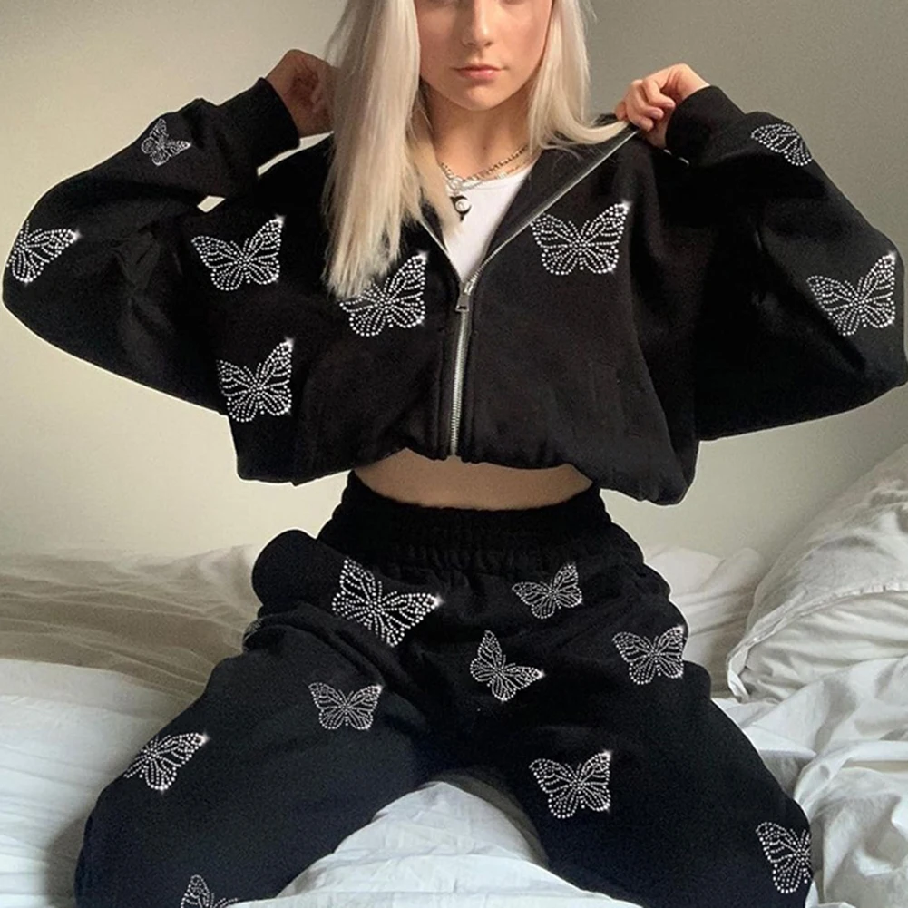 

YiYiMiYu 90s Streetwear Butterfly Print Rhinestone 2Piece Tracksuits Y2K Fashion Oversized Zippper Hoodies Sweatpants Co-ord Set