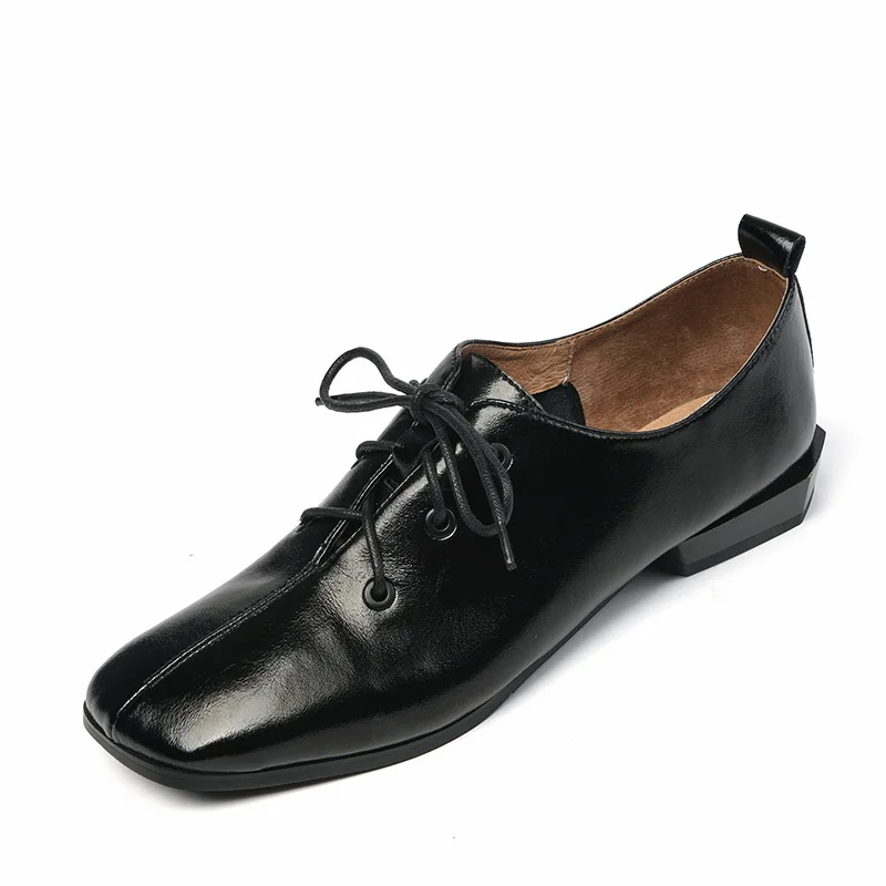

Preppy Style Full Grain Leather Women Pumps Recommend Fashion Square Toe Low Heels Lace Up Pretty Girls Elegant Woman Shoes