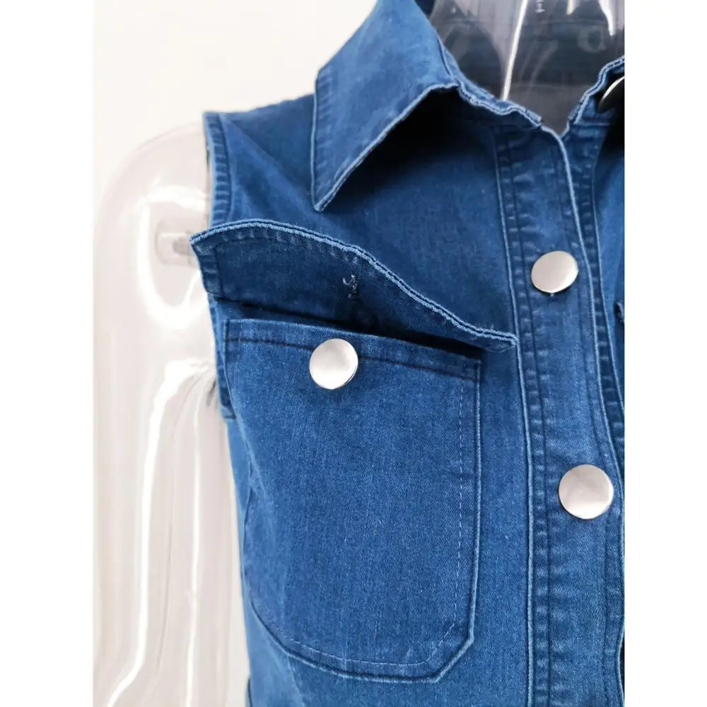 

Sleeveless Sexy Slim Blue Women Mini Dress Turn Down Collar Button Pocket Sashes Streetwear Package Hip Dresses For Lady