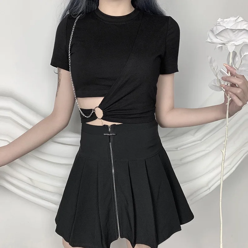 

Drop Shipping Streetwear Black T-shirts Women Harajuku Punk Tees Gothic Sexy Hollow Out Tops Summer Fashion