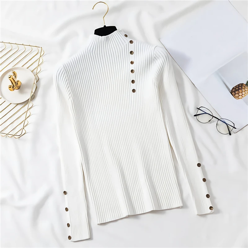 Зимний свитер на пуговицах с высоким воротником Женский однотонный вязаный