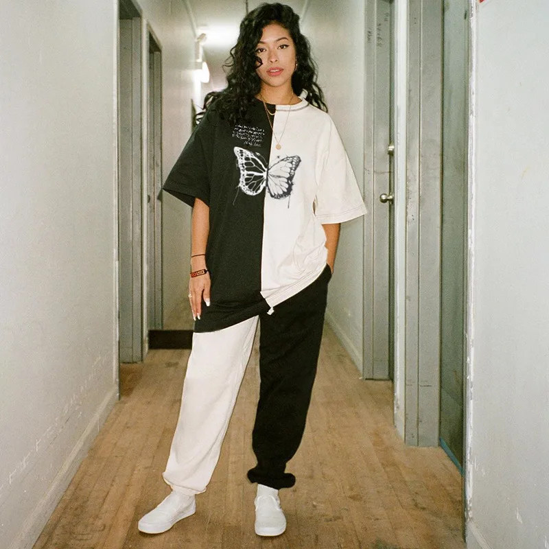 

Bodycon Crop T-shirt Women's 2020 Summer Black and White Contrast Stitching Butterfly Print Loose Casual Short Sleeve Blouse