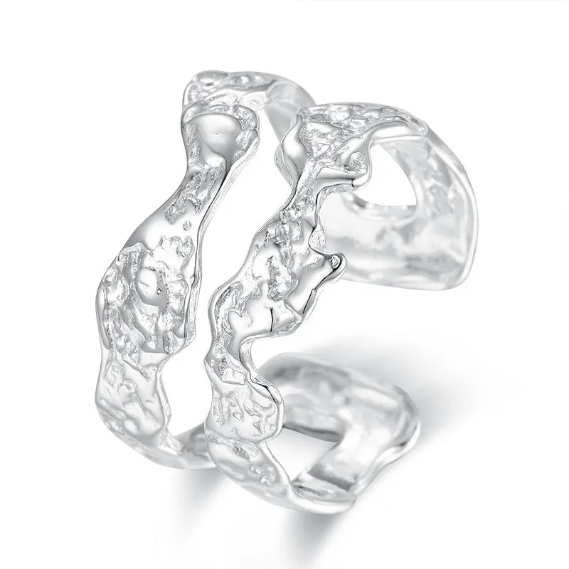 

S925 Sterling Silver Open ring for Women INS Minimalist ins irregular fold double layers Jewelry Bijoux Birthday