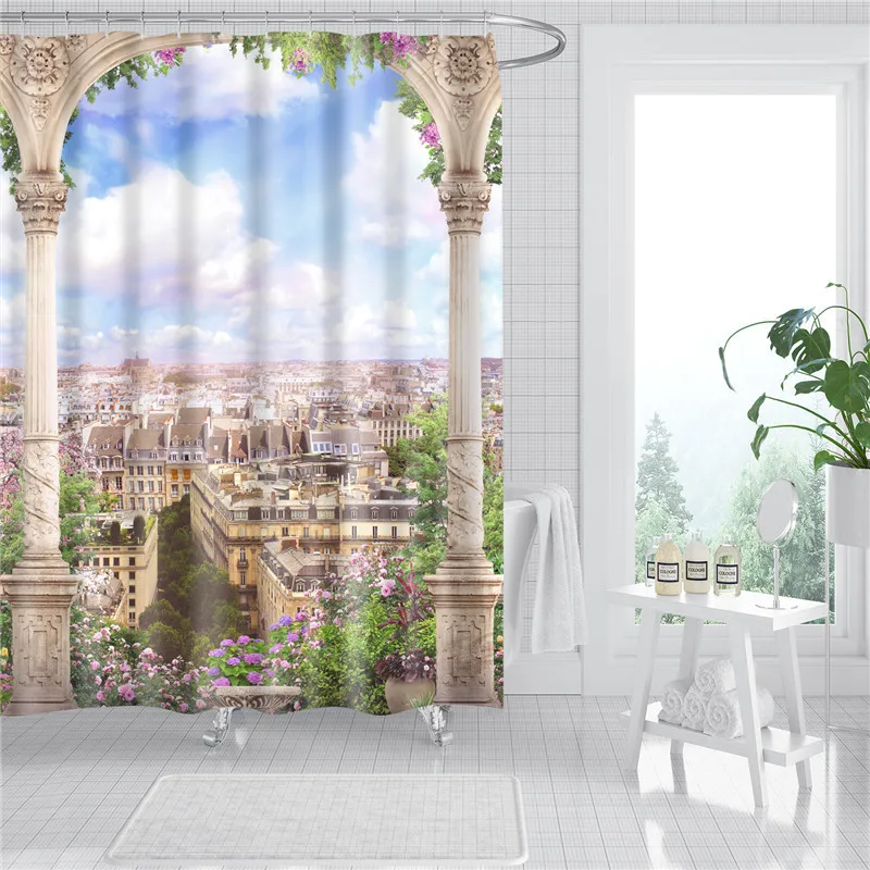 

Modern Shower Curtains Door 3D Fabric Pastoral Green Plant Tree Landscape Bath With Hooks Waterproof Bathroom Curtain
