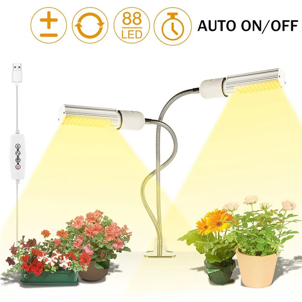 

Full Spectrum LED Grow Light for Indoor Plants Dual Head Adjustable Replaceable Bulbs Succulent Plant USB Timer Clip Growth Lamp