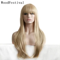 woodfestival female synthetic wig with bangs cosplay wavy long hair wigs for women blonde black dark brown burgundy 28inches