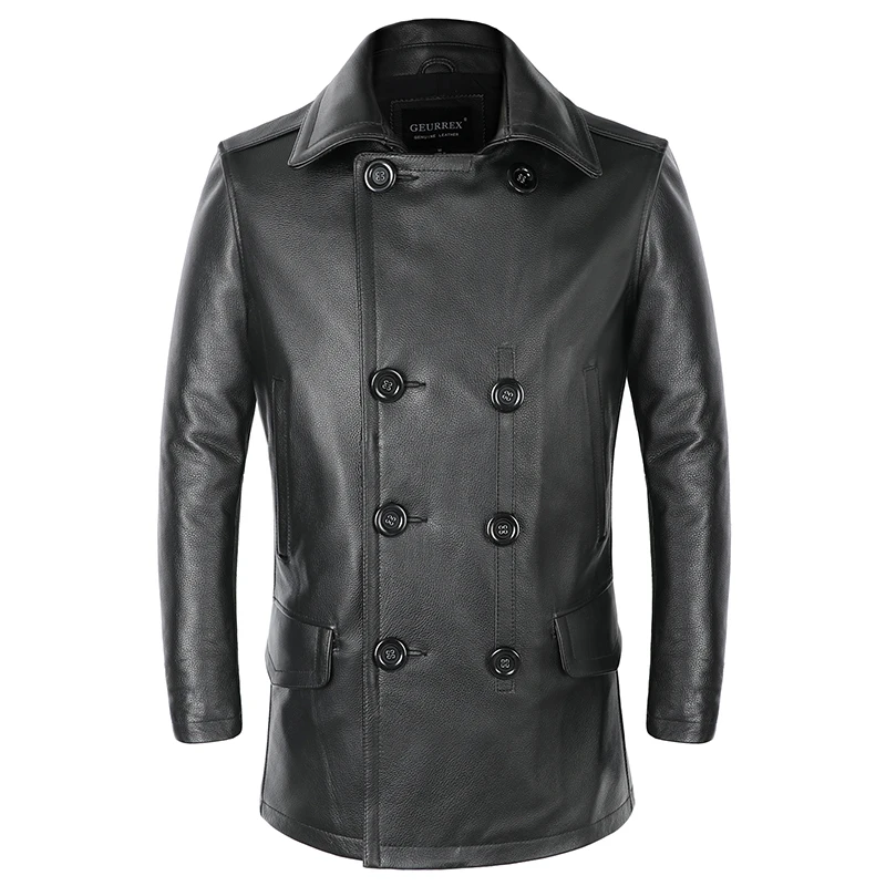 

New Autumn and Winter Genuine leather jacket men's medium and long double-breasted windbreaker suit lapel loose coat