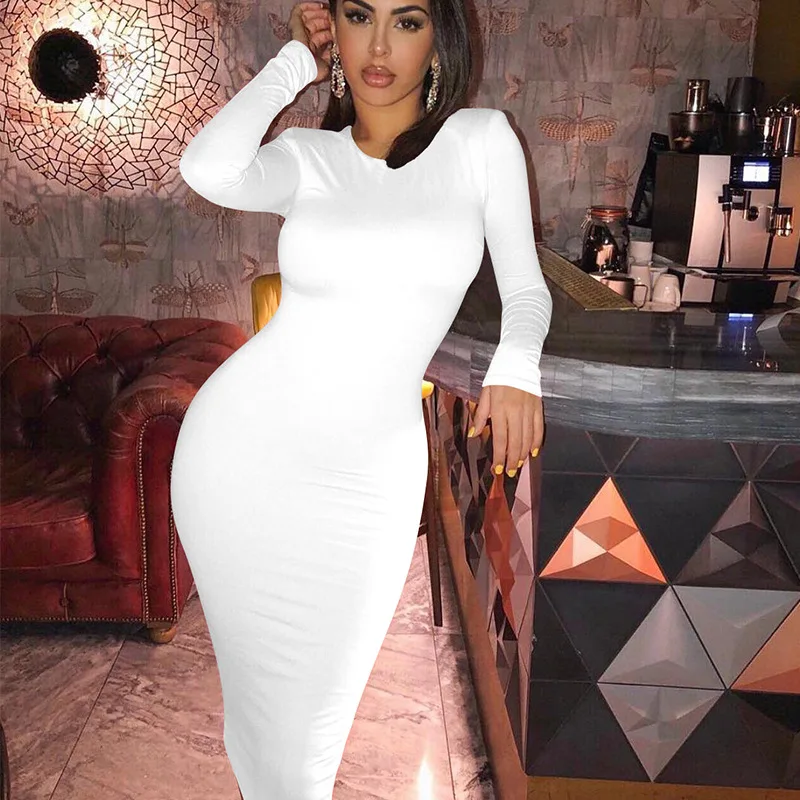 

WEPBEL Slim High Waist Dress Women's Sexy Dress Summer Fashion Long-Sleeve Zipper O-Neck Solid Color Dress