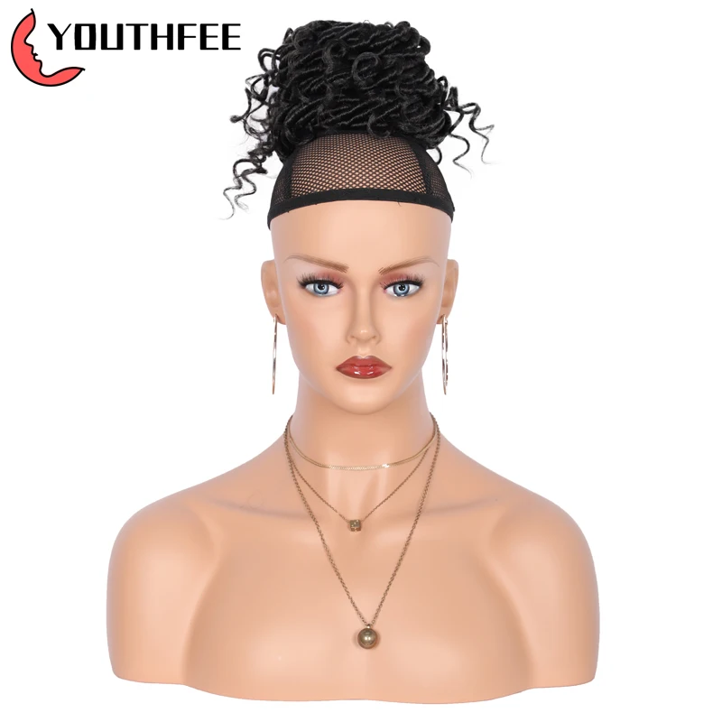 

Youthfee Short Faux Locs Braid With Curly Drawstring Updo Bun Hair Piece For Black Women Synthetic Clip Hair Extension