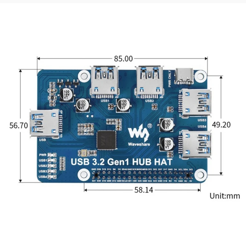 

Waveshare USB Splitter 4 Ports USB3.2 Expansion Board USB 3.2 Gen1 Driver Free for Raspberry Pi