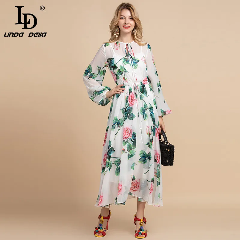 Женское длинное платье LD LINDA DELLA белое с длинным рукавом и цветочным