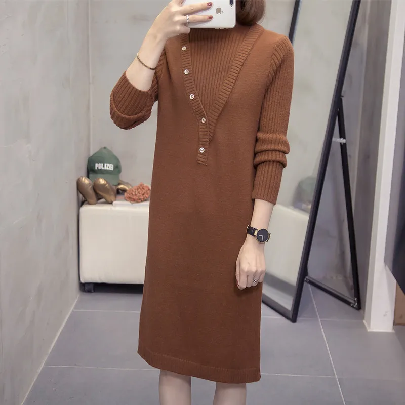 

Women Sweater Dress Long Sleeve Elegant Turtleneck Knitted Dress 2021 Autumn Winter Female Casual Loose Pullover Dresses Vestido