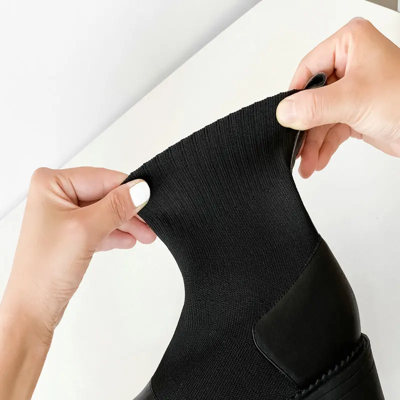 

Genuine Leather bnitting Ladies Boots Band Round Toe Thick Heels Pumps Vintage Autumn Winter Party Working Shoes Woman