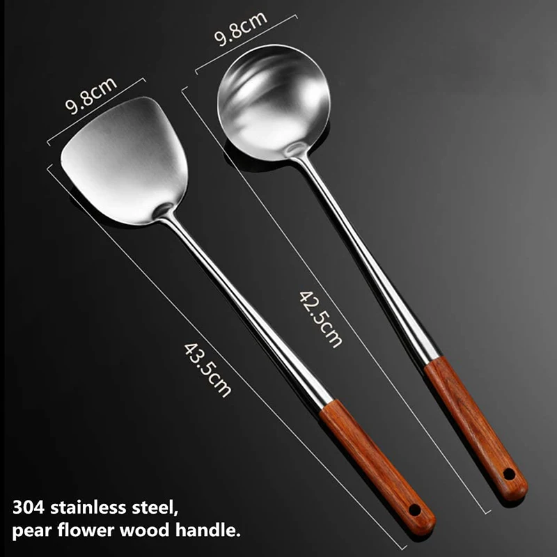 

2Pcs Utensils Kitchen Wok Spatula Iron and Ladle Tool Set 17 Inches Spatula For Wok Stainless Steel Wok Spatula Kitchen Bar Tool
