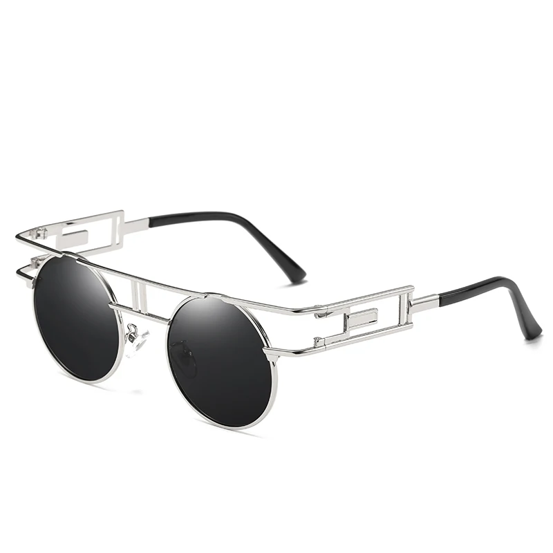 Женские брендовые дизайнерские круглые мужские готические солнцезащитные очки винтажные очки королевская Девушка Качество Металлические поляризованные стимпанк Солнцезащитные очки - Цвет линз: Silver Black